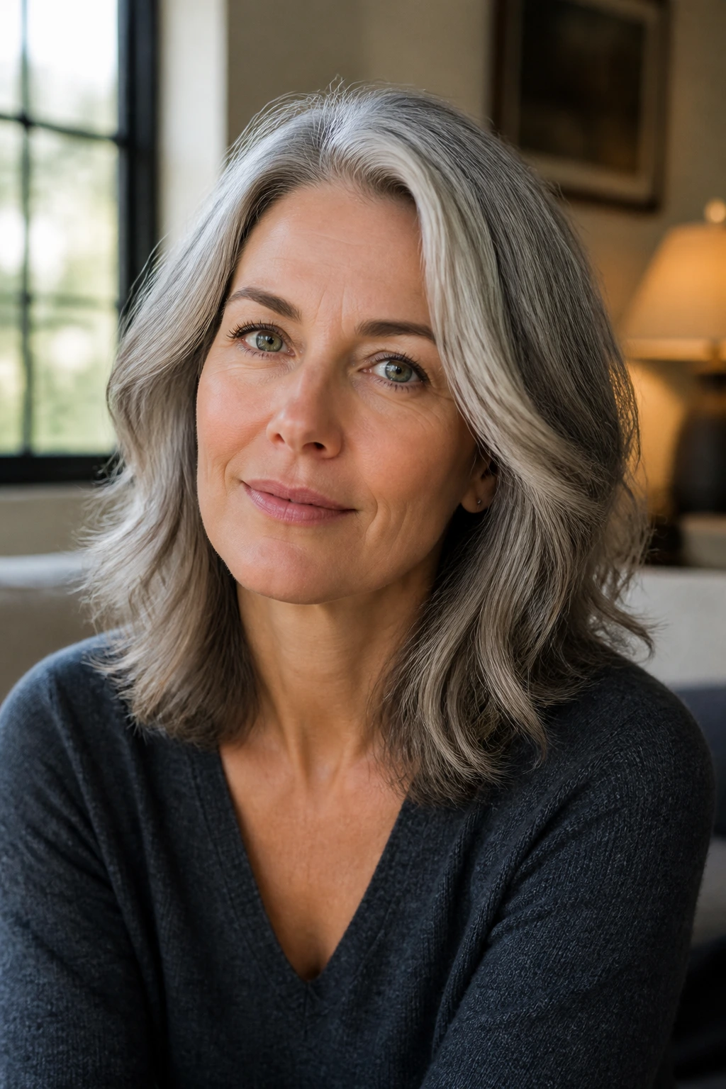 Close-up portrait of a real woman with shoulder-length gray hair in warm home light