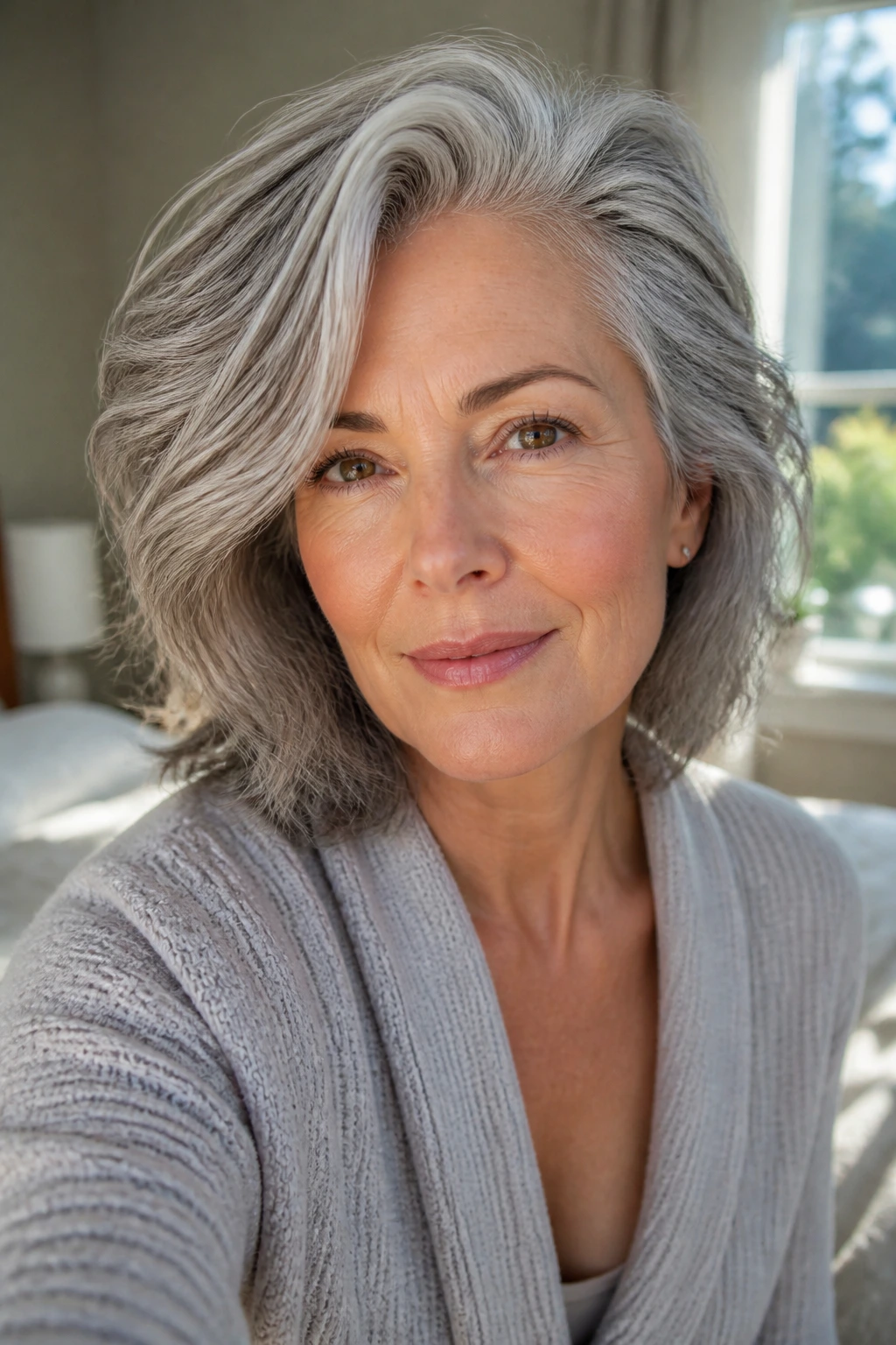 Close-up portrait of a real woman with thick gray hair in sunlit morning light