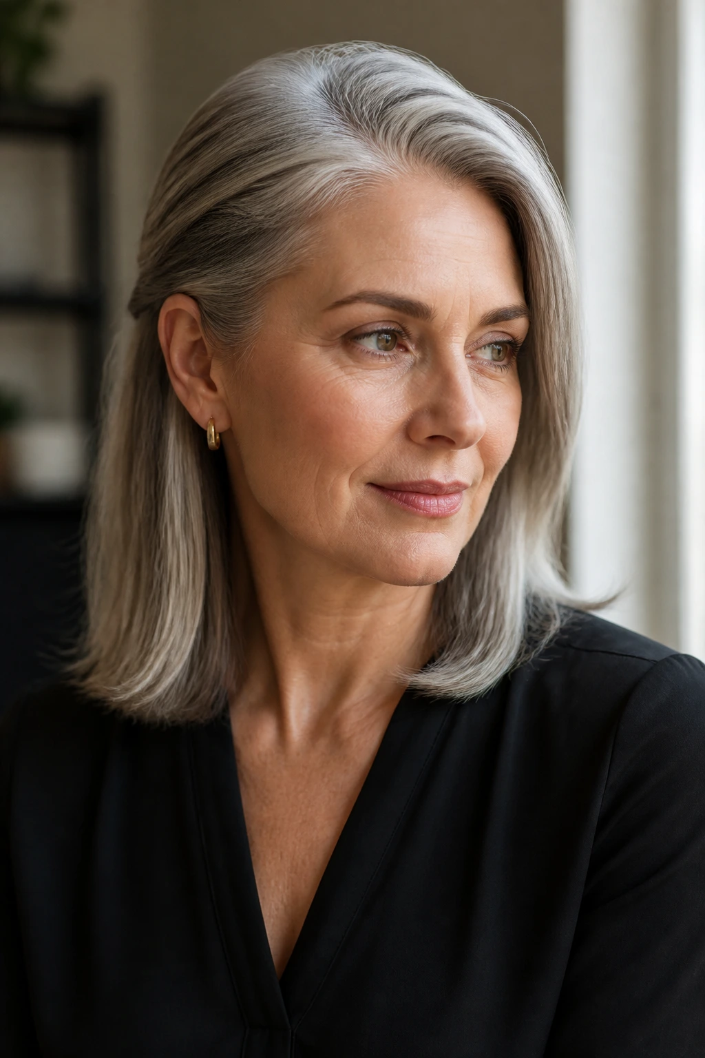 Close-up portrait of a real woman with gray hair tucked behind her ear and a side part