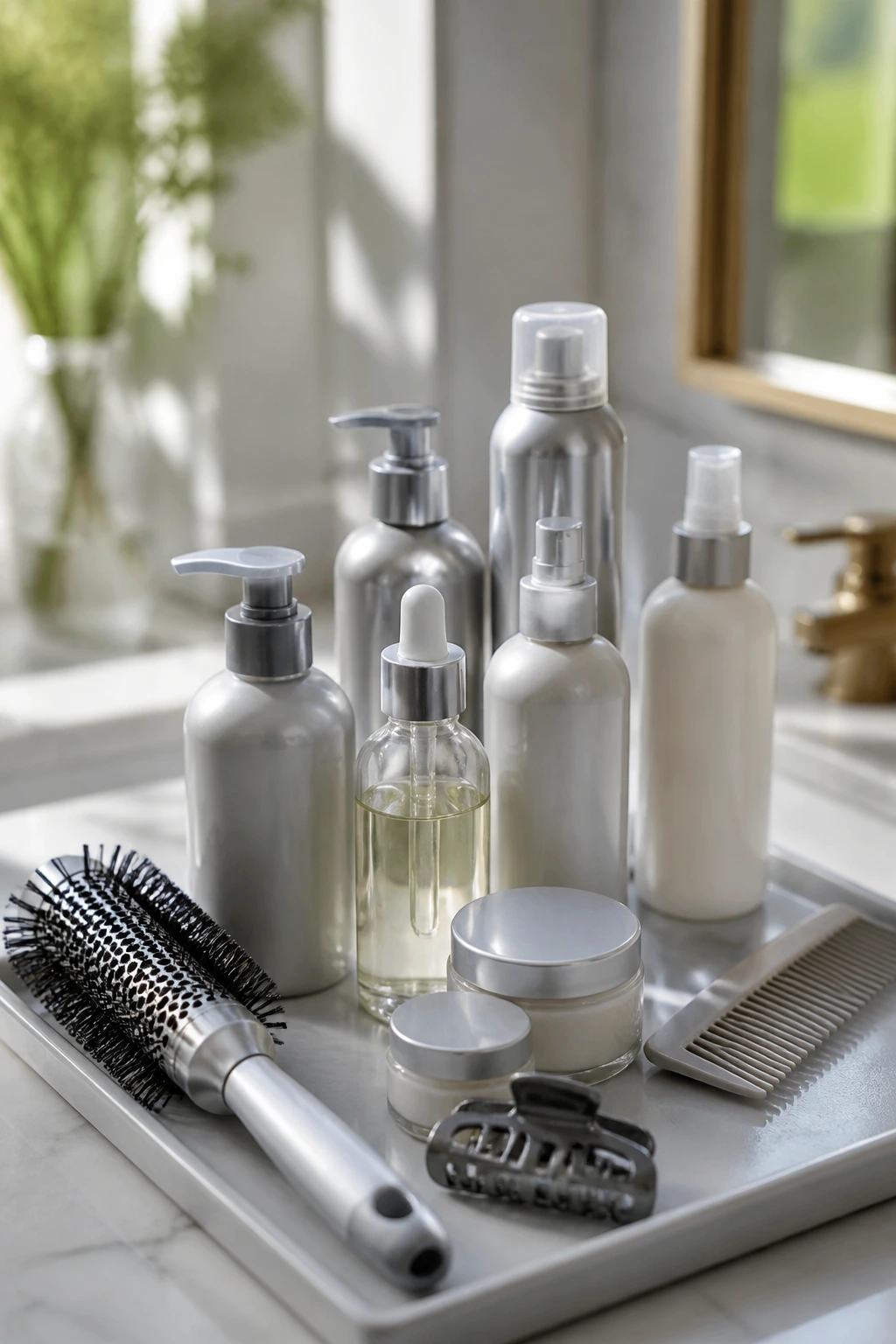 Close-up of label-free hair-care bottles and tools on a bathroom shelf