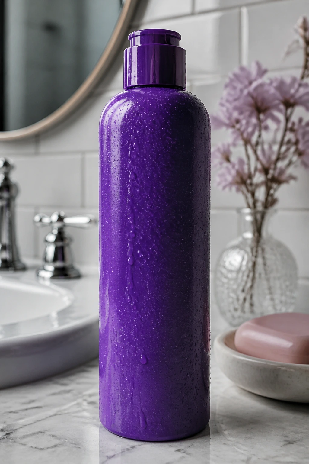 Purple shampoo bottle on a sink for fresh gray hair between appointments