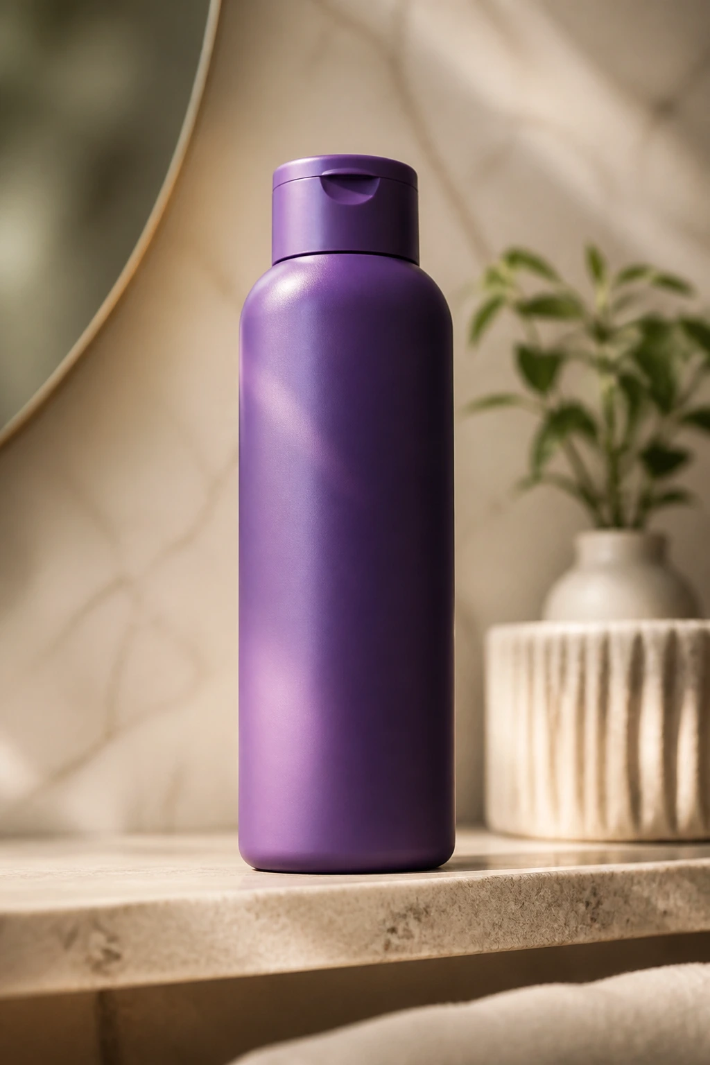 Purple shampoo bottle on a shelf representing smart shopping for gray hair looks