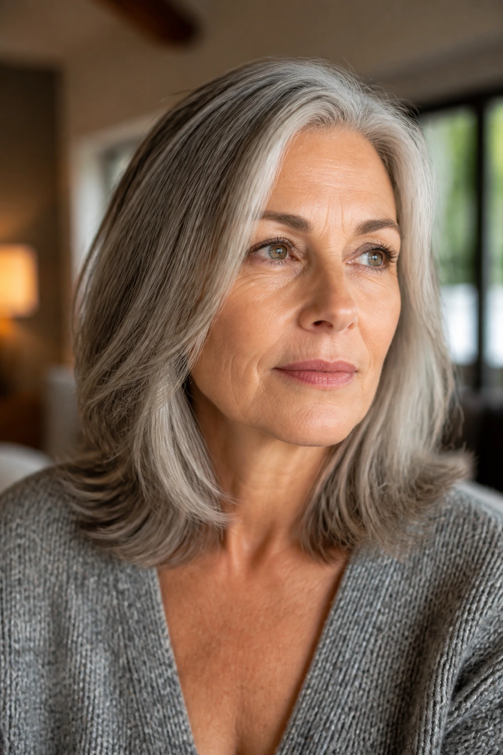 Close-up portrait of a real person with shoulder-length gray hair in a warm home setting.