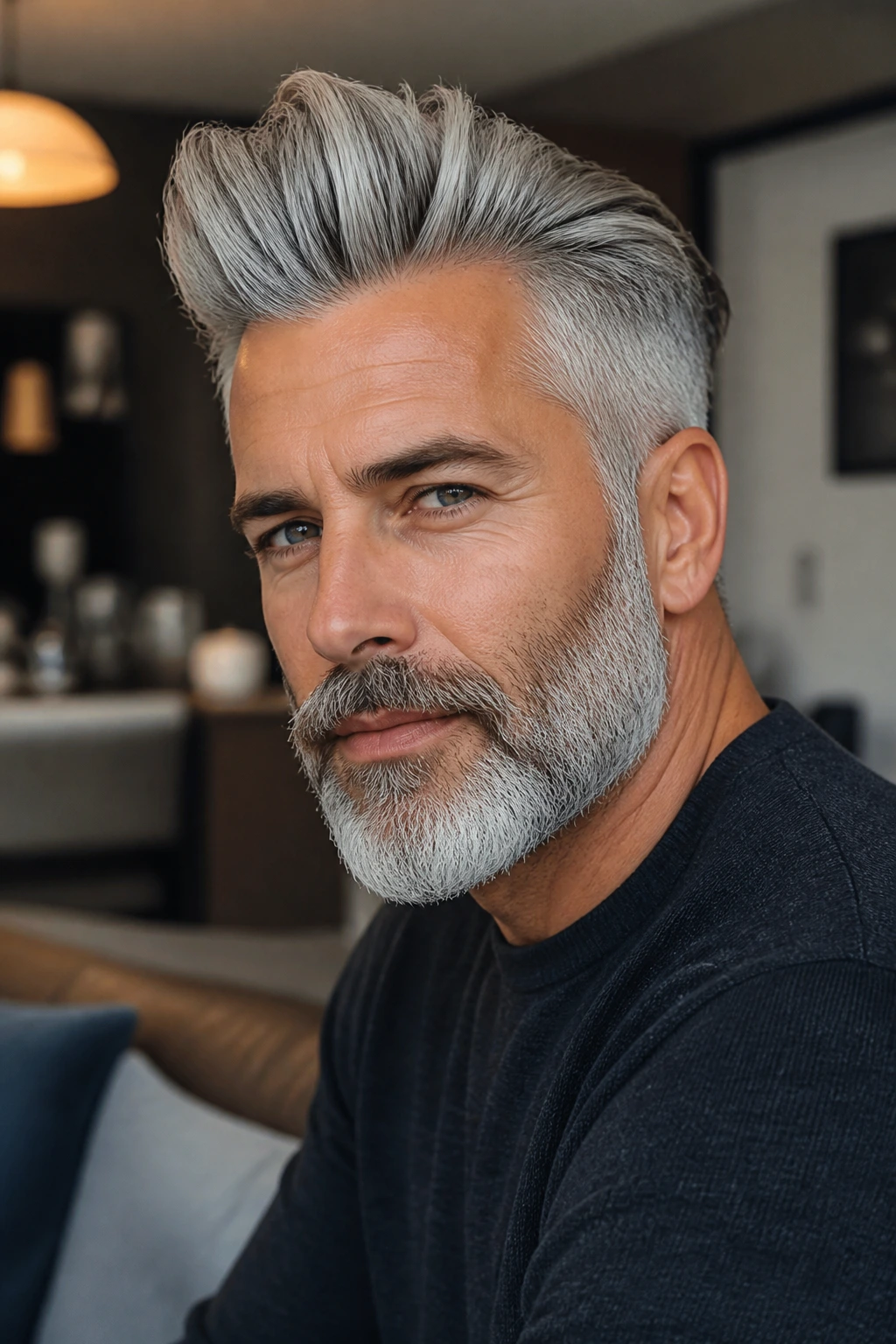 Close-up portrait of a man with a silver quiff and gray beard