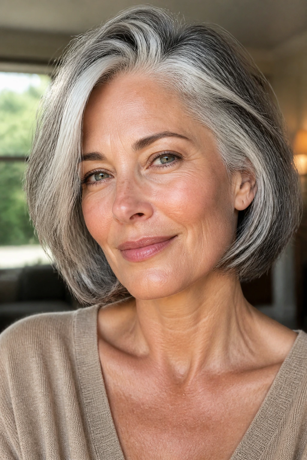 Close-up of a woman with salt-and-pepper gray hair showing regrowth and texture in natural window light