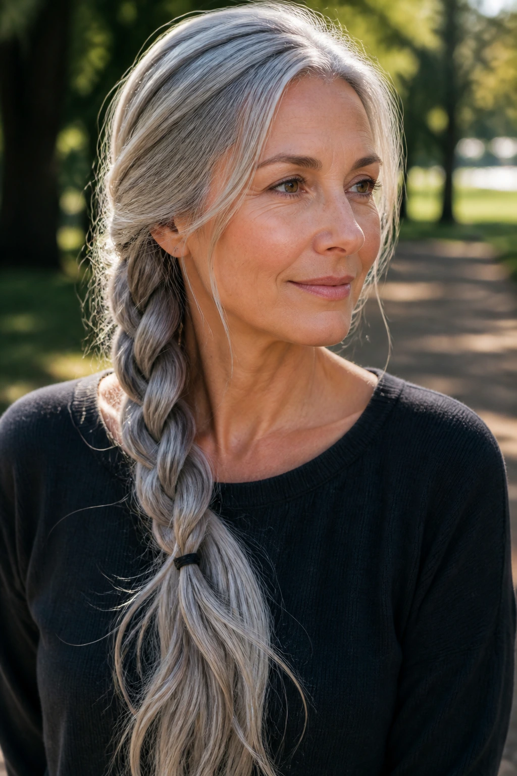 Close-up of a real woman with a rope braid and loose ends in park light