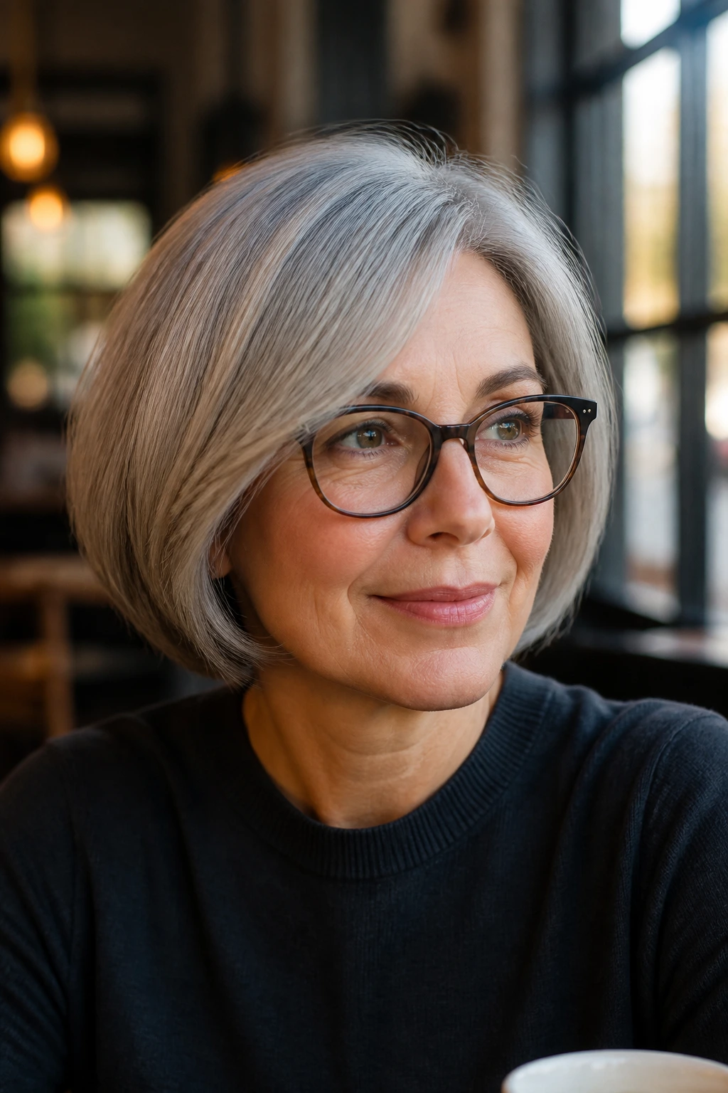 Close-up of a real woman with rounded bob and tucked ends by a cafe window
