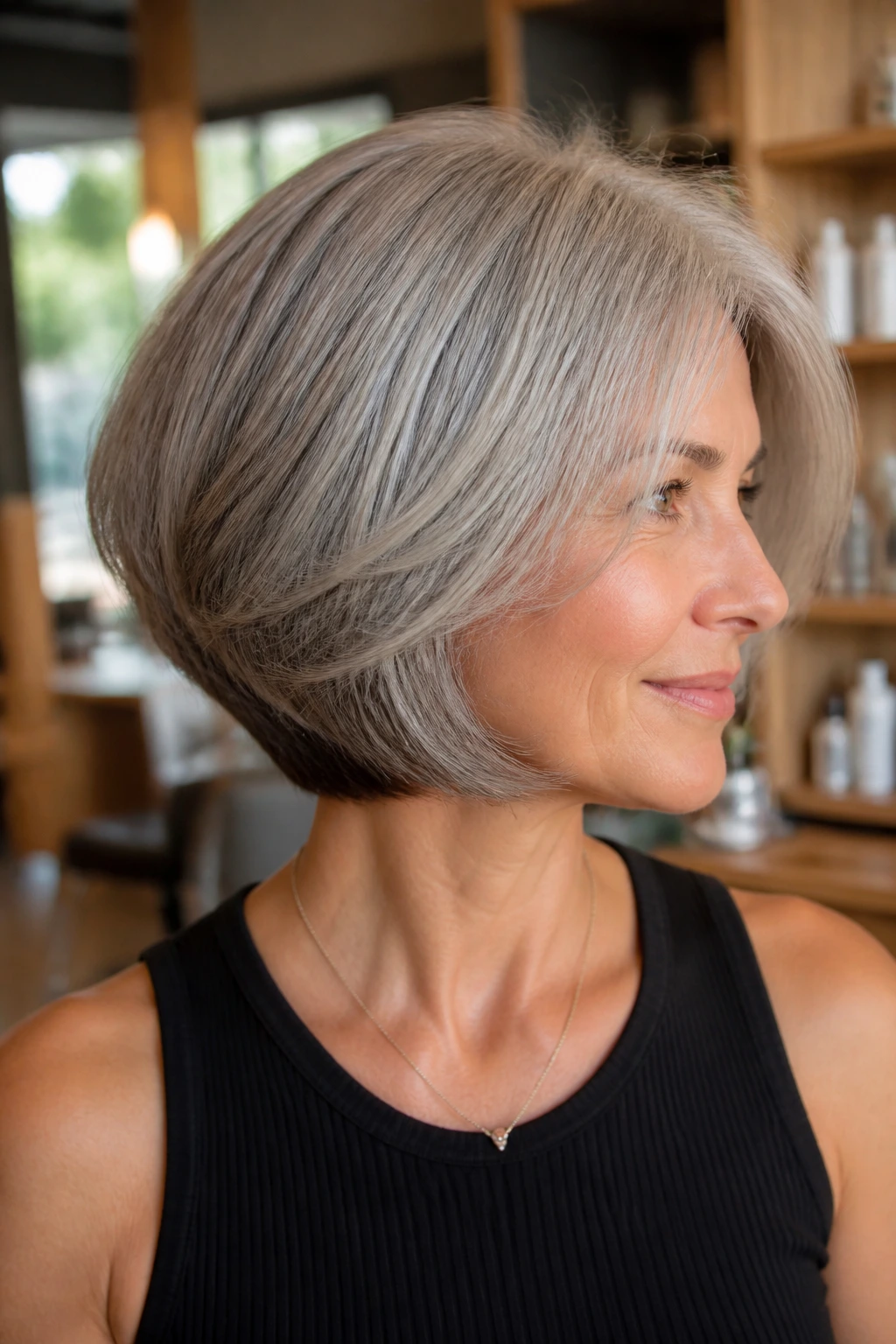 Close-up of a real woman with a thick gray rounded bob and hidden underlayers