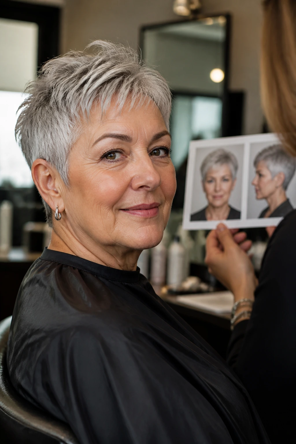 Portrait of a real person with short gray hair in a salon chair