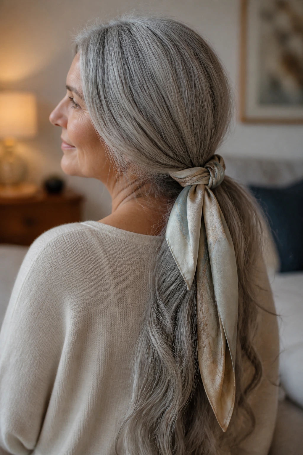 Close-up of a woman with long gray hair wrapped with a silk scarf at the nape