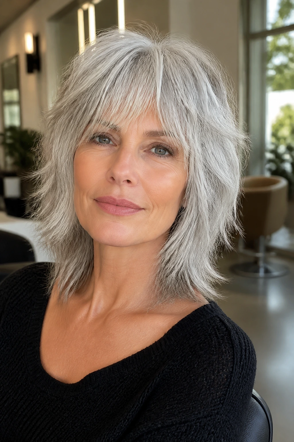 Close-up of a real person with silver-soft shag for gray hair