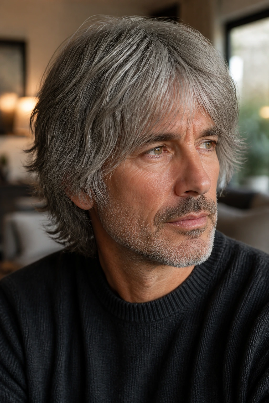 Close-up portrait of a man with gray shaggy layered hair in a cozy living room