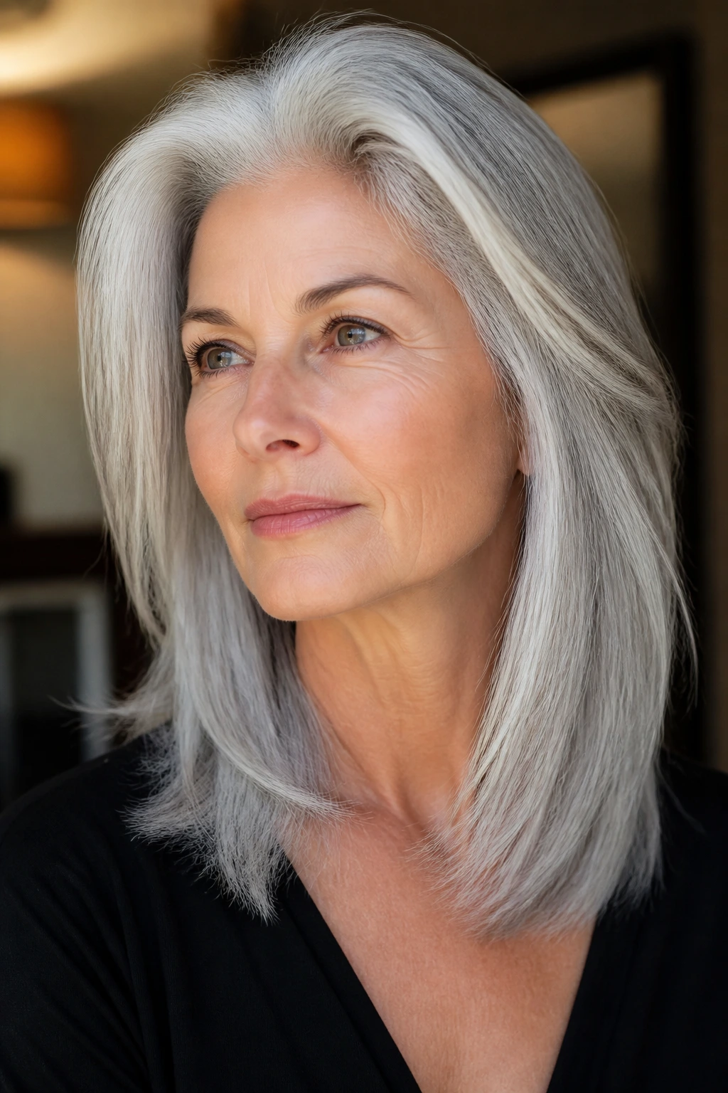 Close-up portrait of a silver gray-haired older woman showing shape and lift in the hair.