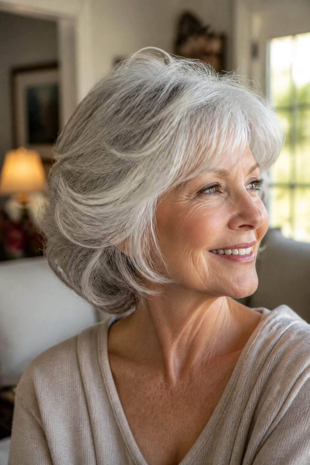 Close-up of a senior woman with silver-gray hair styled for lift and shape