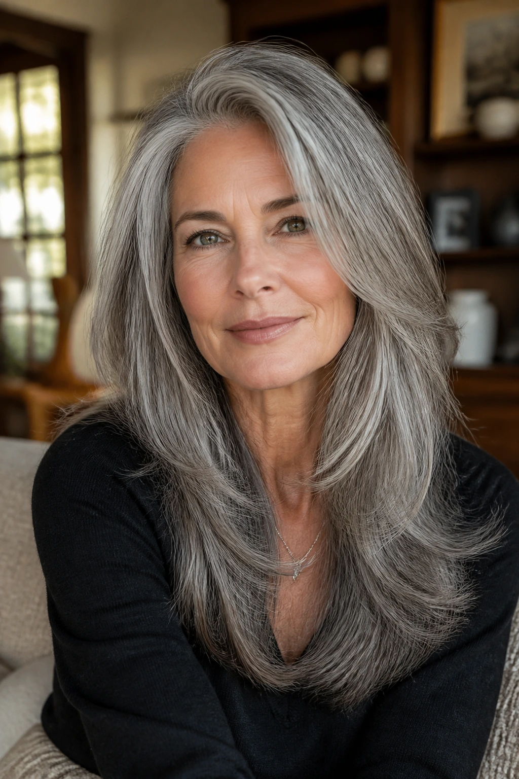 Close-up portrait of a real woman with long gray hair styled in layered shape to emphasize sculpted length.