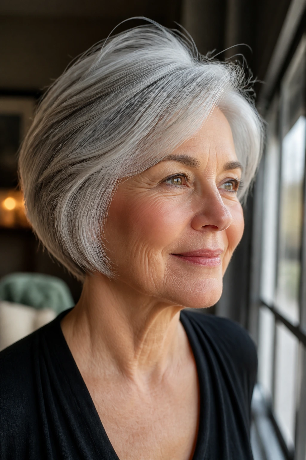 Close-up of a gray-haired woman with a sculpted shape