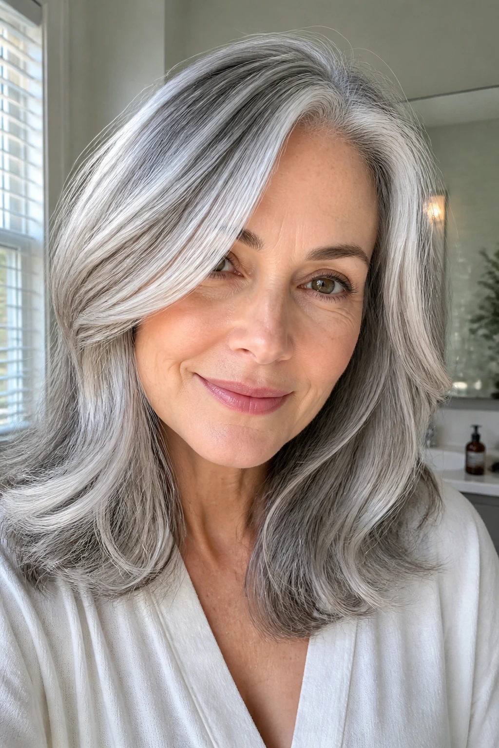 Close-up of a gray-haired person with shiny hair in a bright setting.