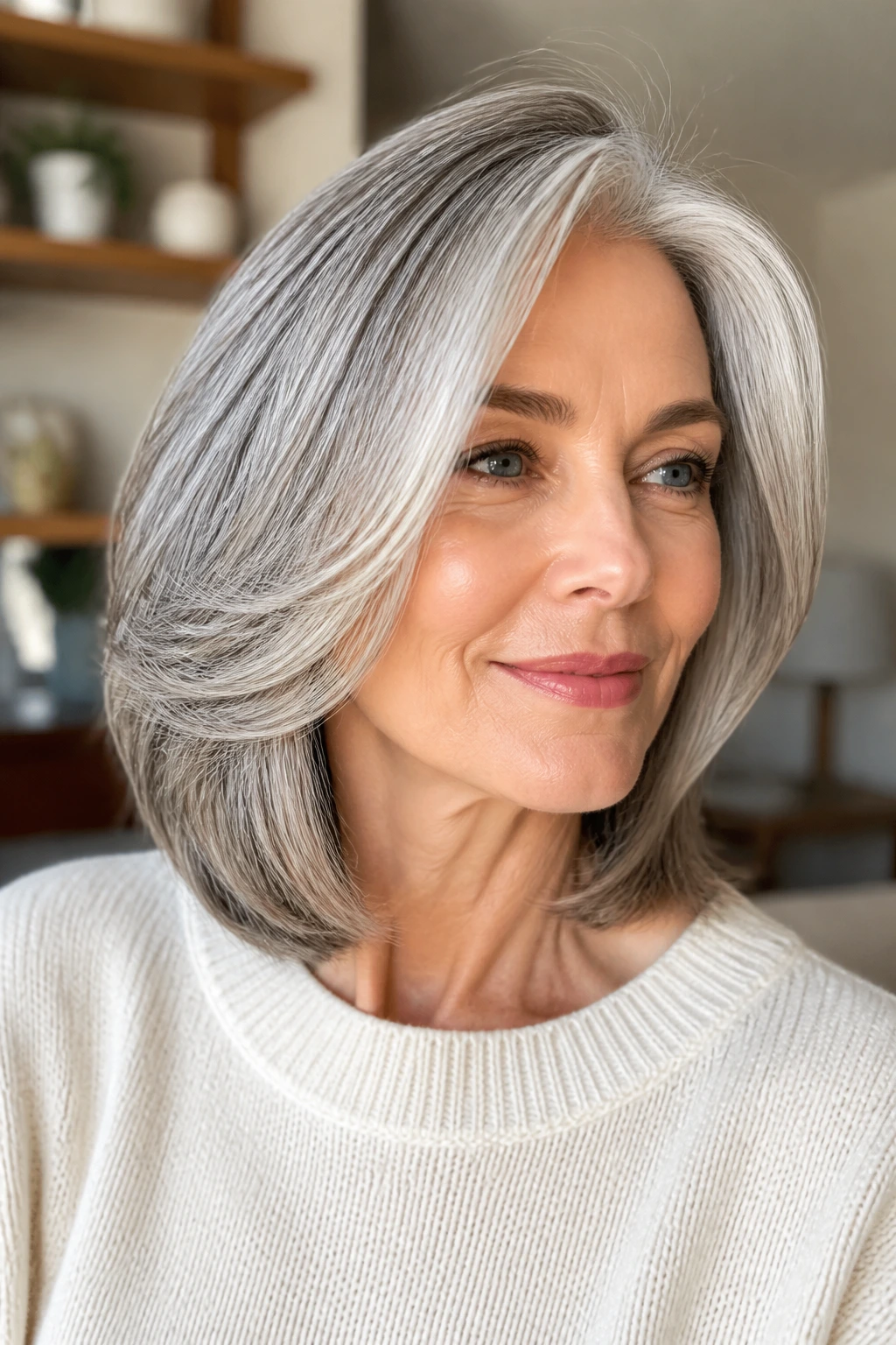 Portrait of gray-haired person with glossy, bright hair.