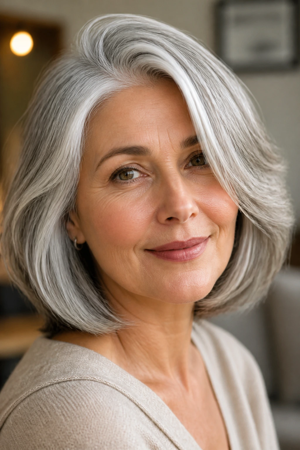Close-up of a real woman with glossy gray hair and a soft side part