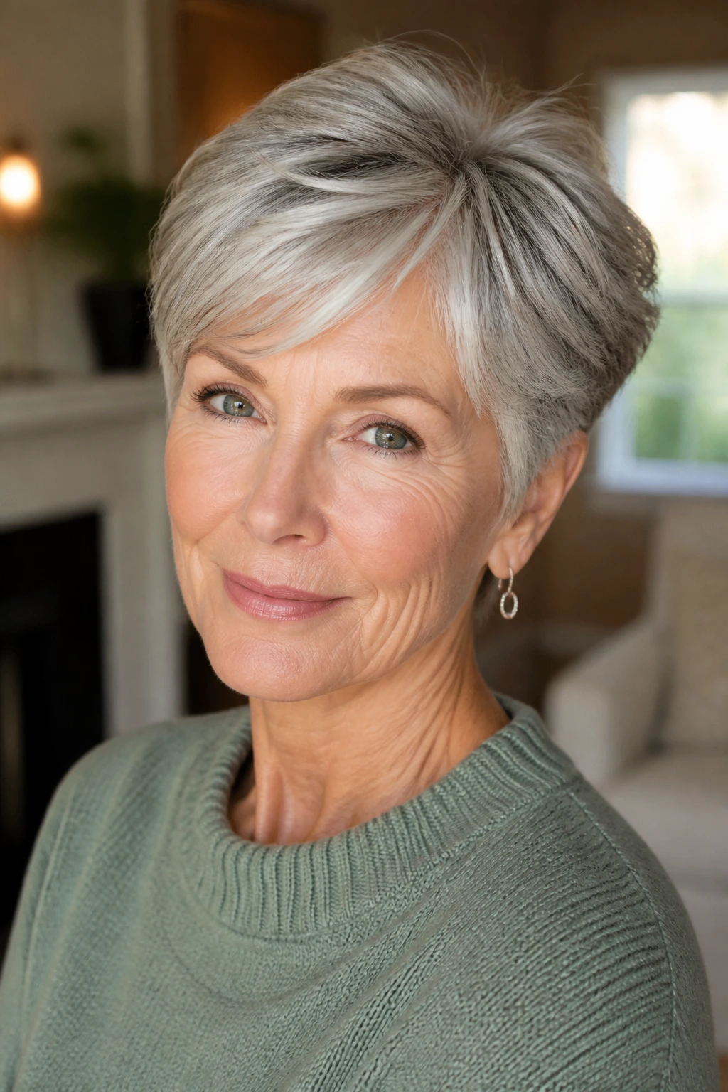 Close-up portrait of an older woman with a styled short gray haircut