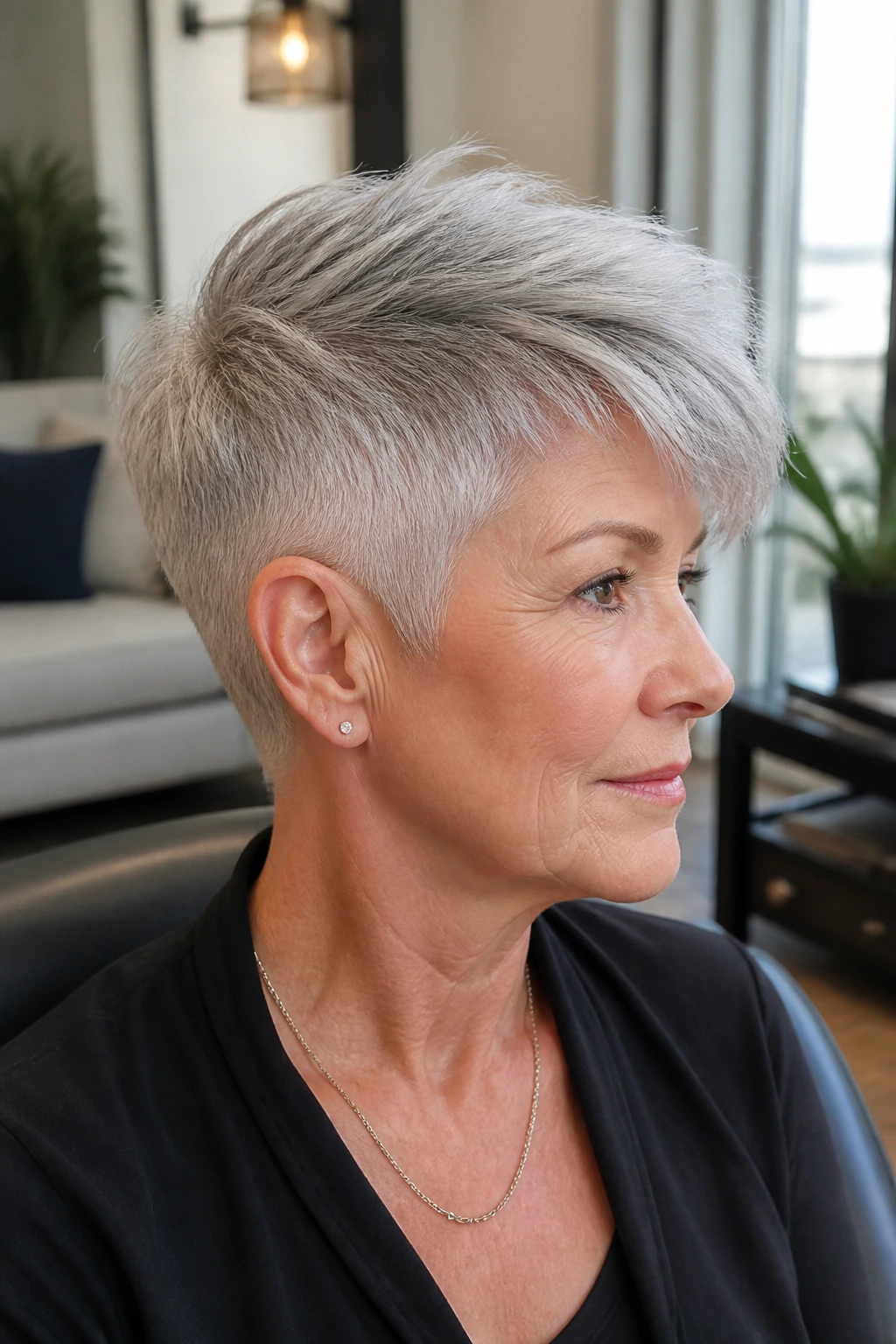 Close-up of a real woman with a short sculpted cut and long top