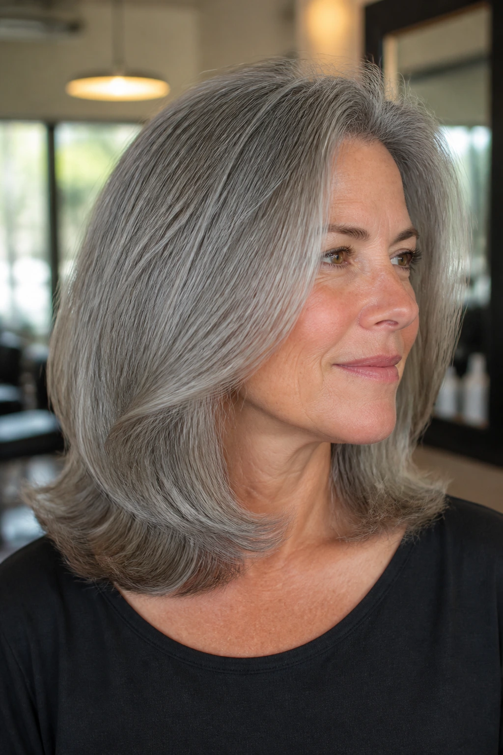 Close-up of thick gray hair showing airy internal layers at shoulder length