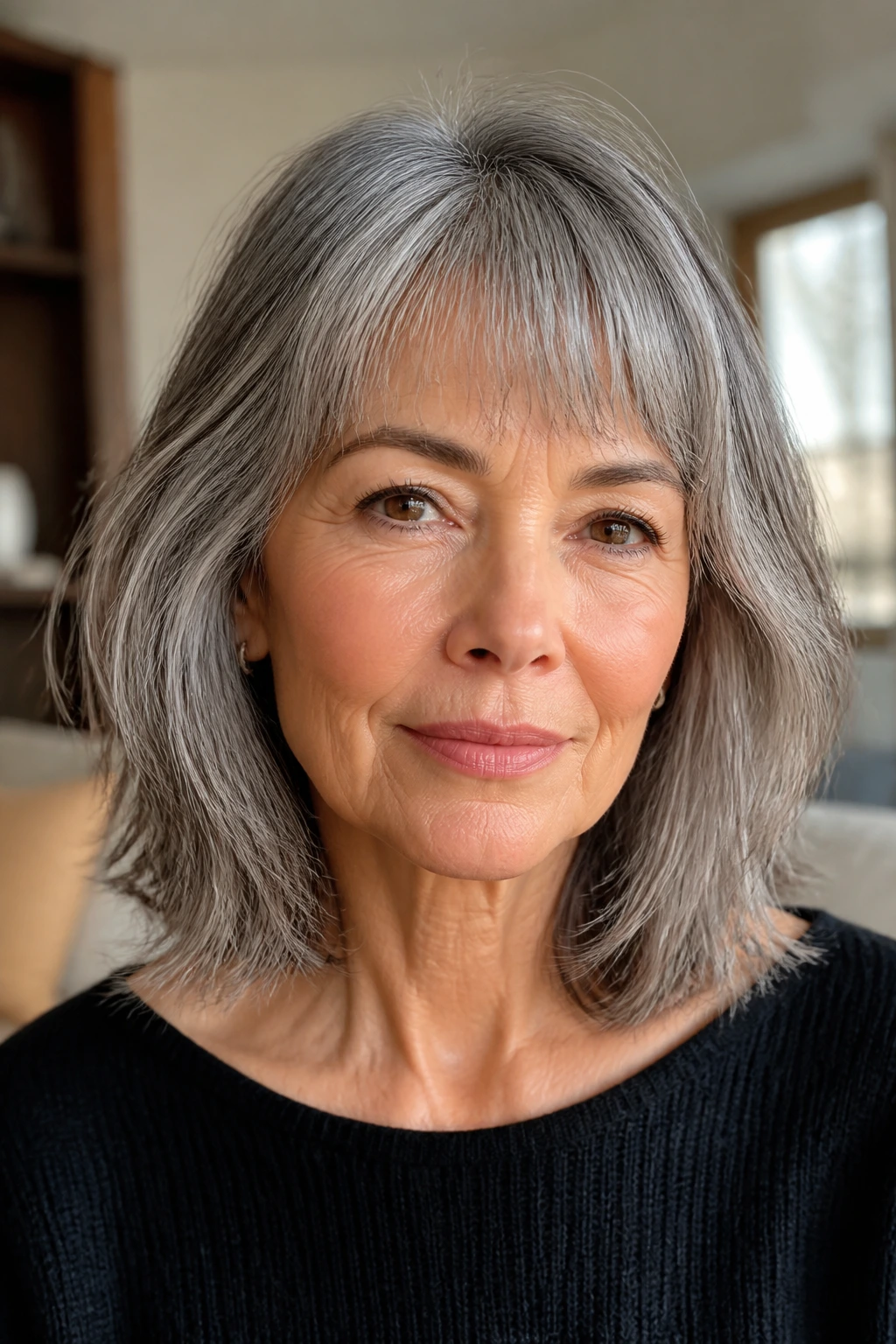 Close-up portrait of a real woman with gray hair, showing an airy shoulder-length cut with a micro-fringe.