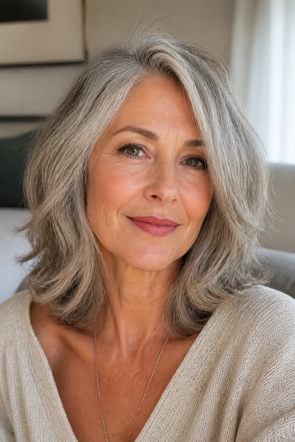 Close-up portrait of a real woman with shoulder-length gray hair showing dimension and movement.
