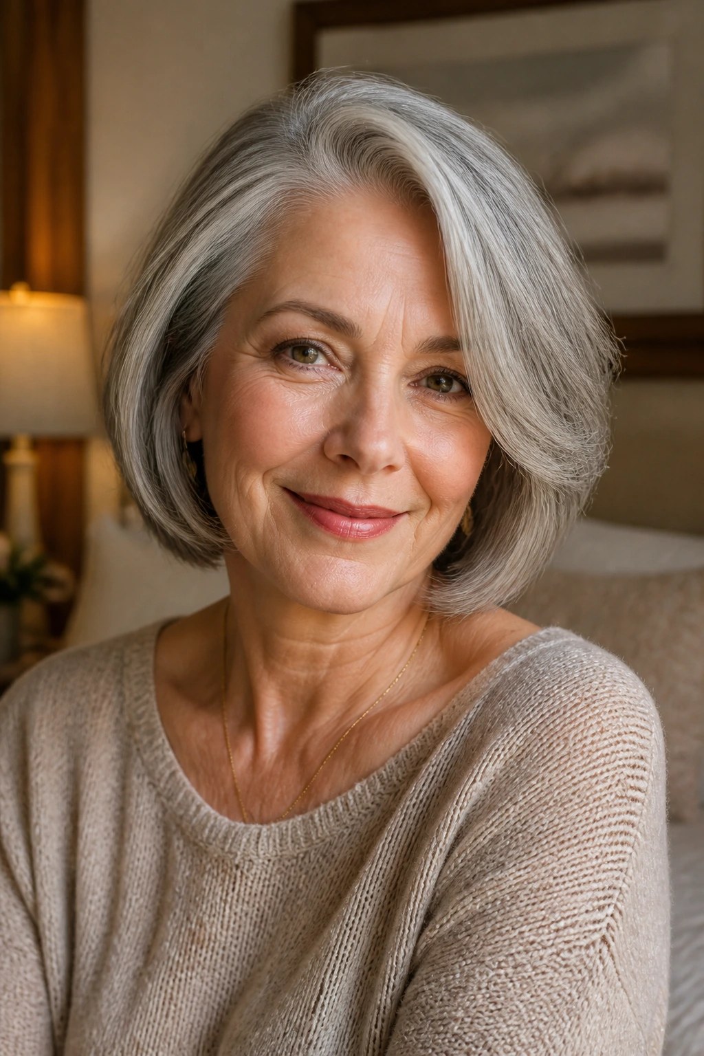 Close-up portrait of a real woman with a deep side-part gray bob and soft sweep.