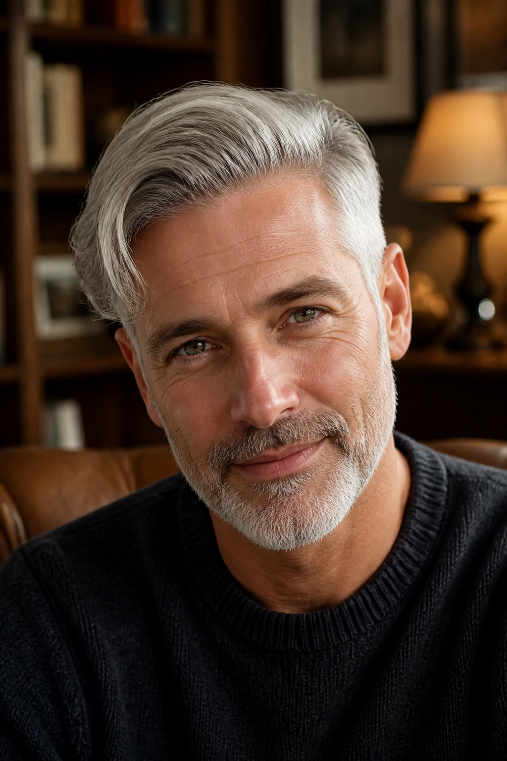Close-up portrait of a man with loose side sweep and tapered sides gray hair