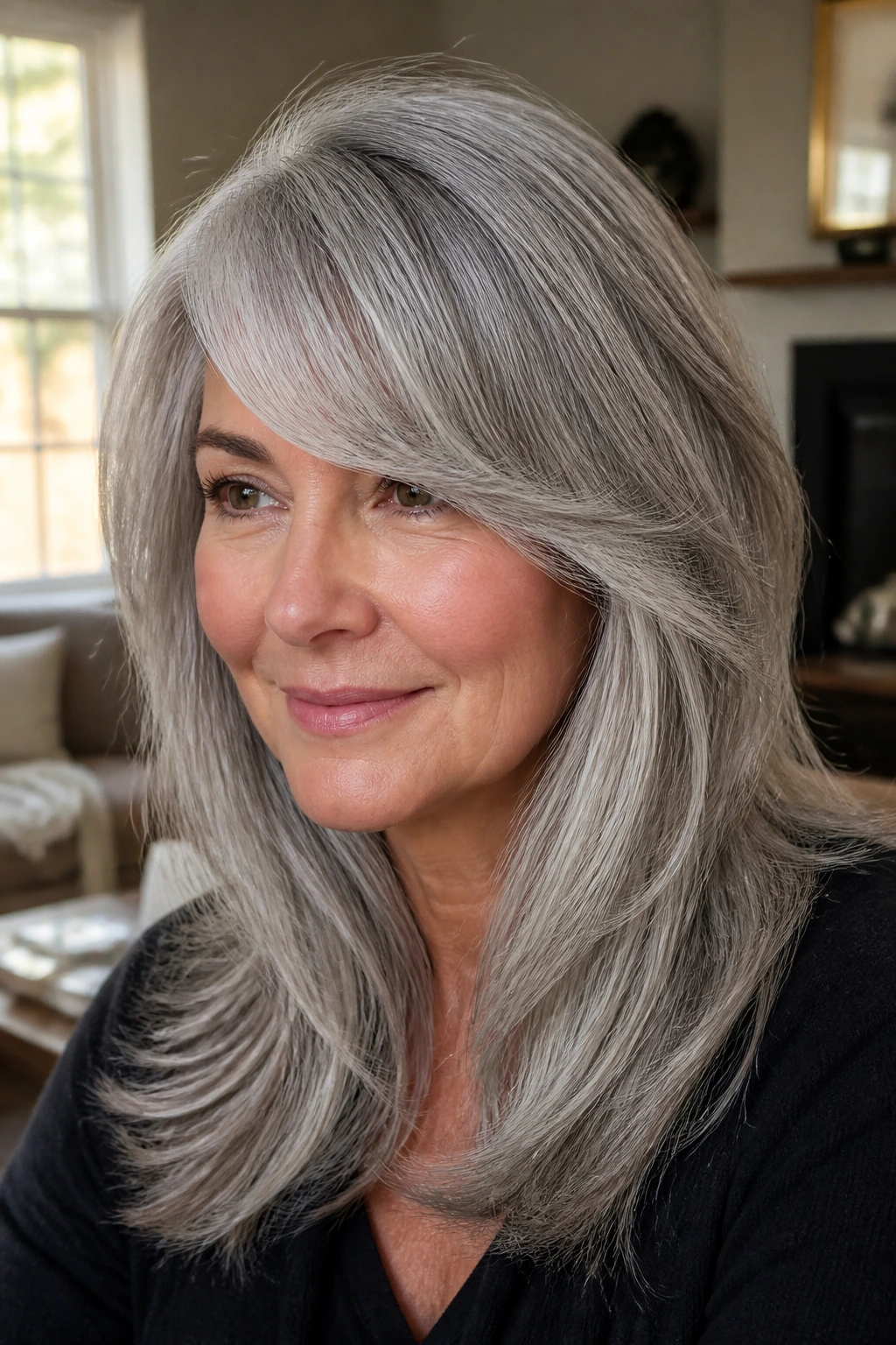Close-up of a real woman with thick gray hair and side-swept bangs blending into full ends