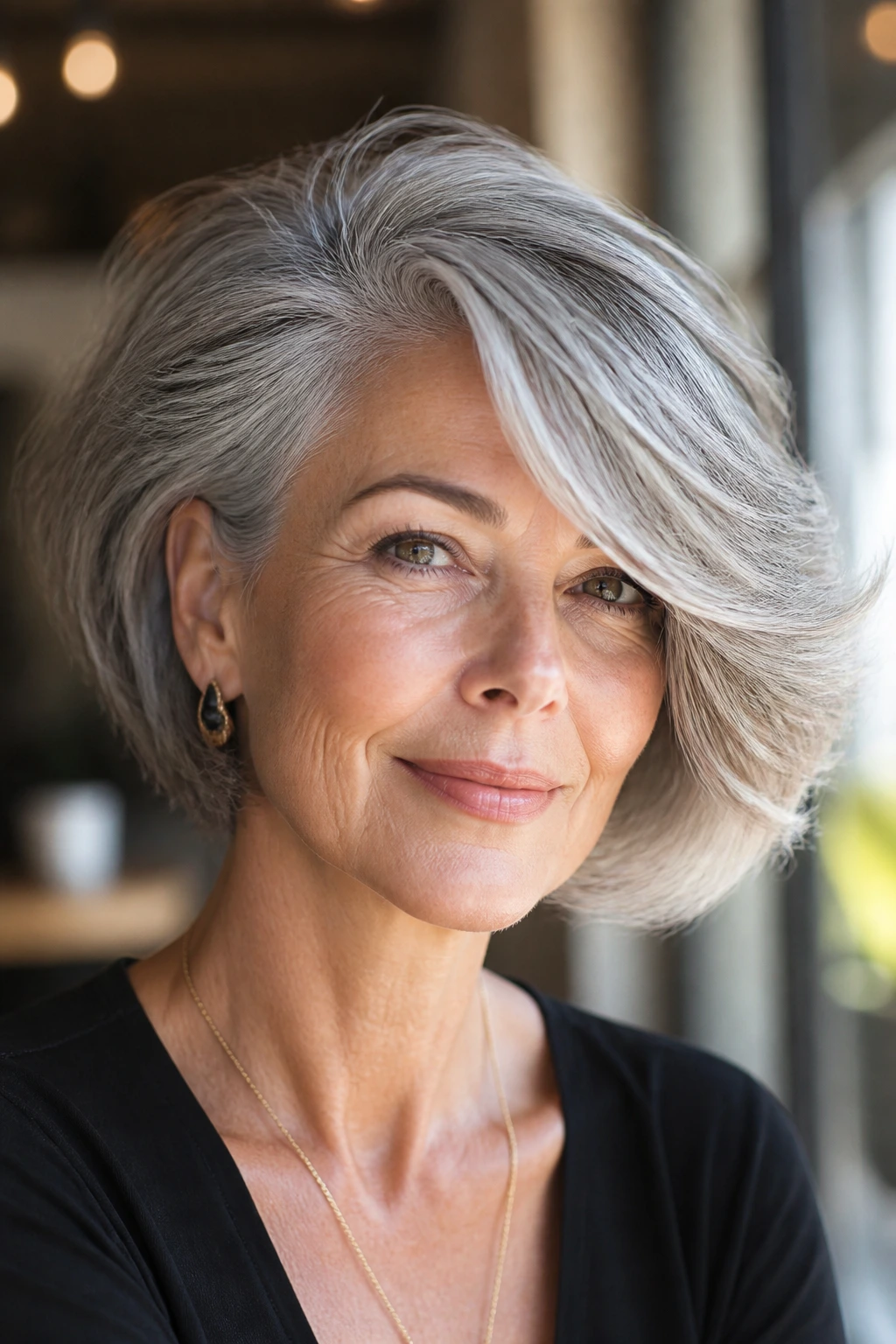 Close-up of a real woman with voluminous side-swept bob in cafe light