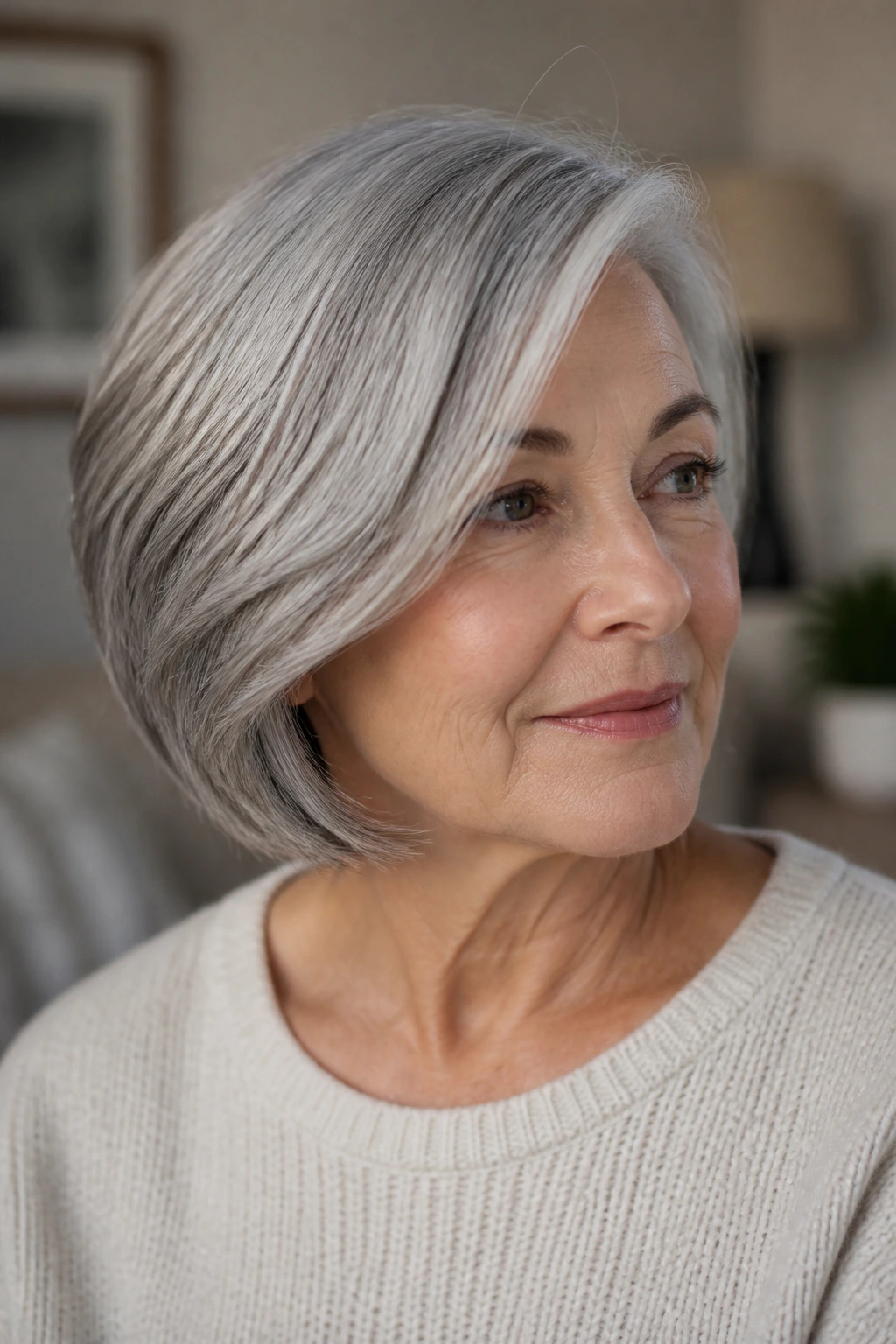 Close-up of a real woman with chin-length gray hair swept to the side.