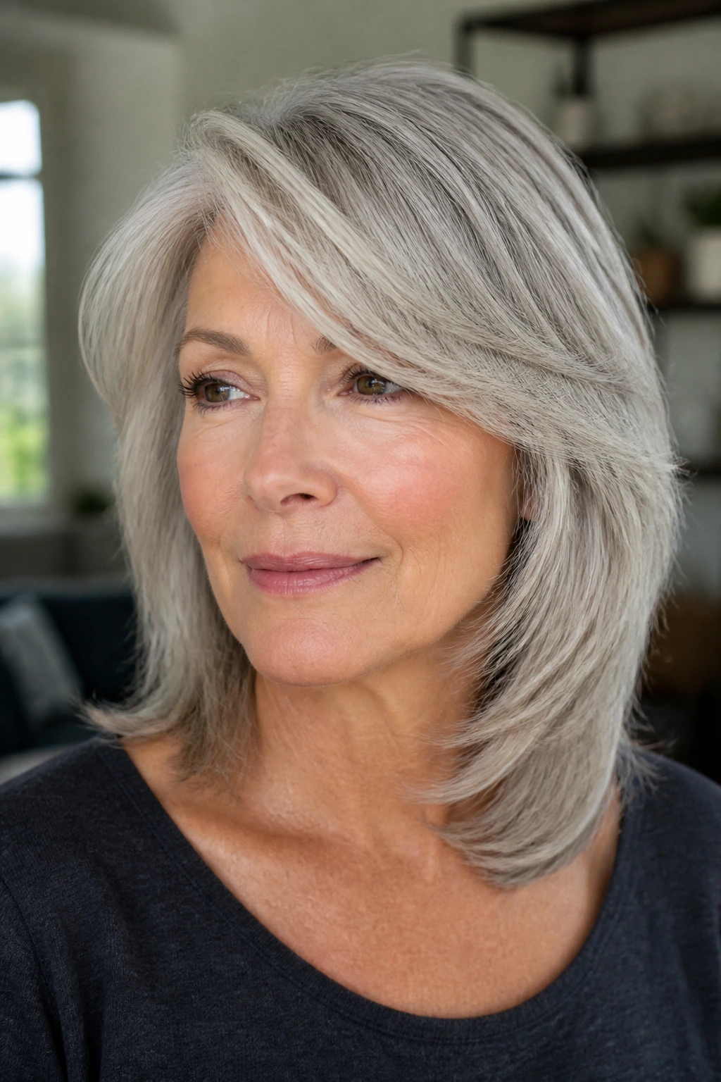Close-up real-woman portrait with fine gray hair in side-swept layers