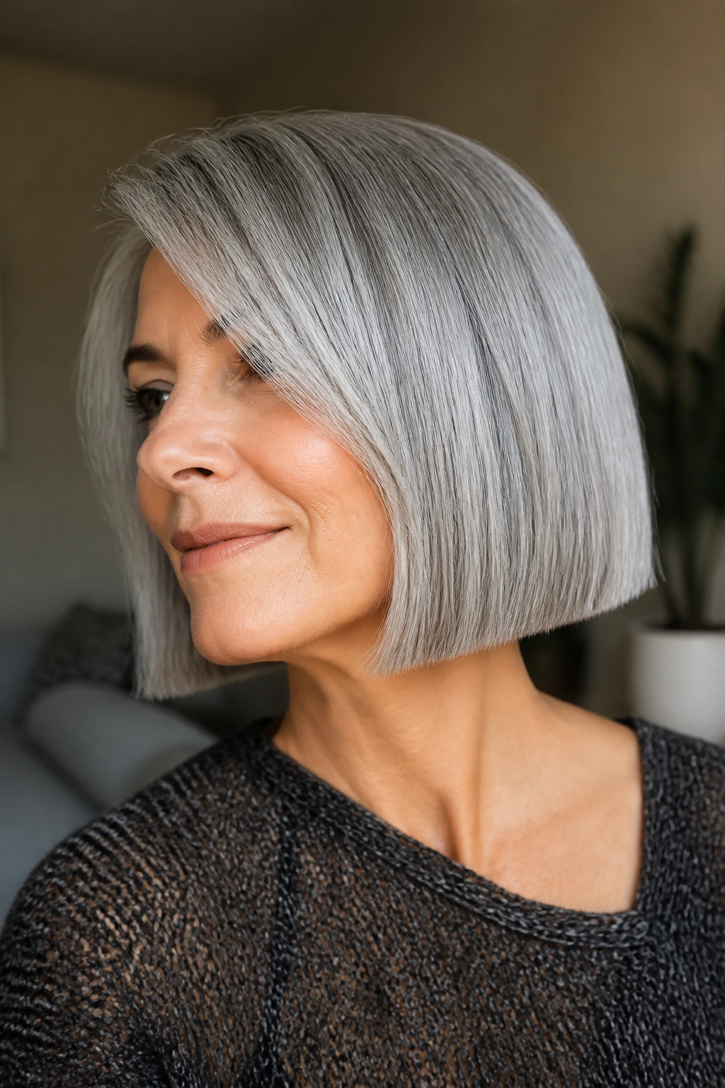Close-up of a real woman with silver-gray blunt bob, hair filling the frame