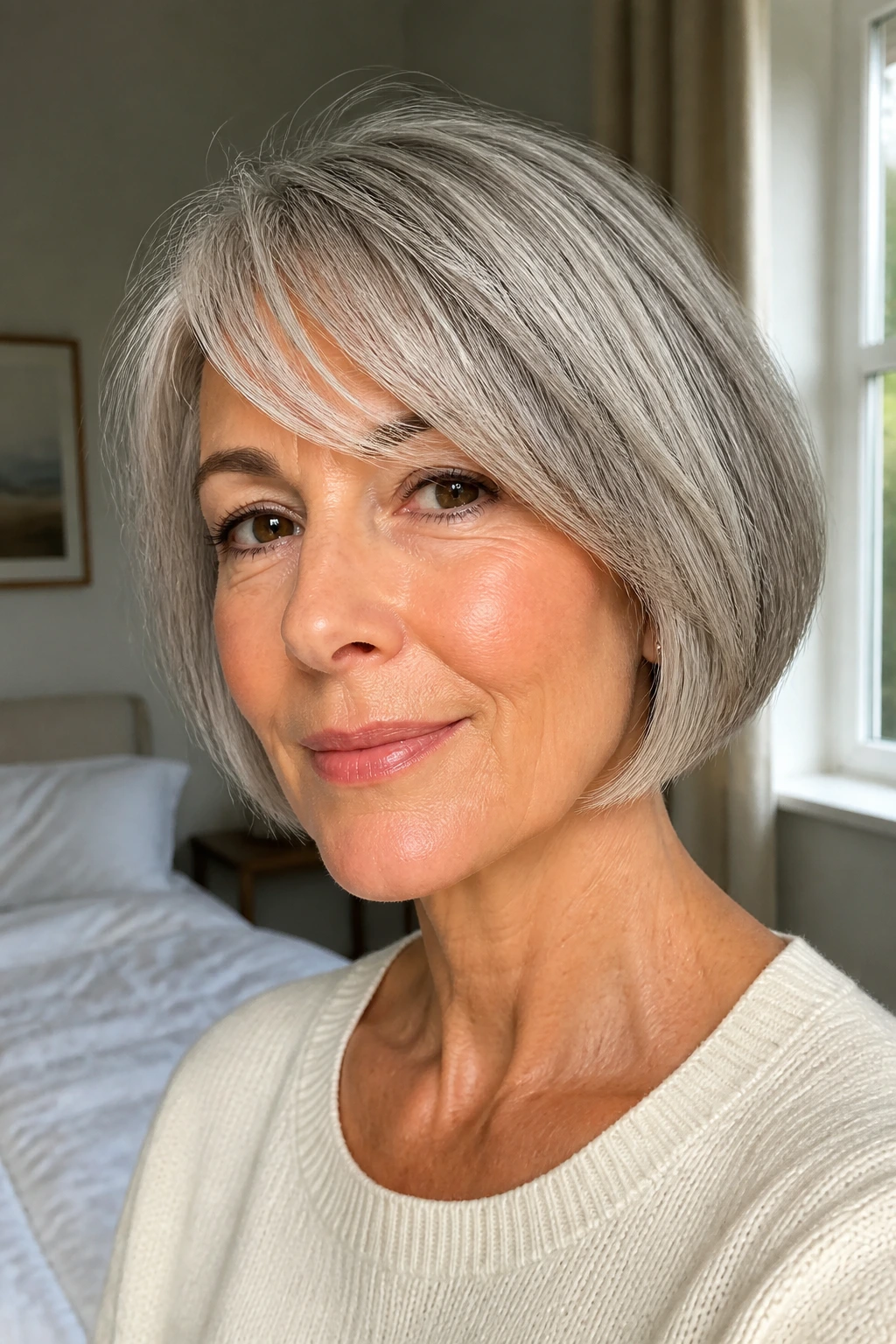 Close-up portrait of a real woman with gray hair styled to have a crisp outline and shine.