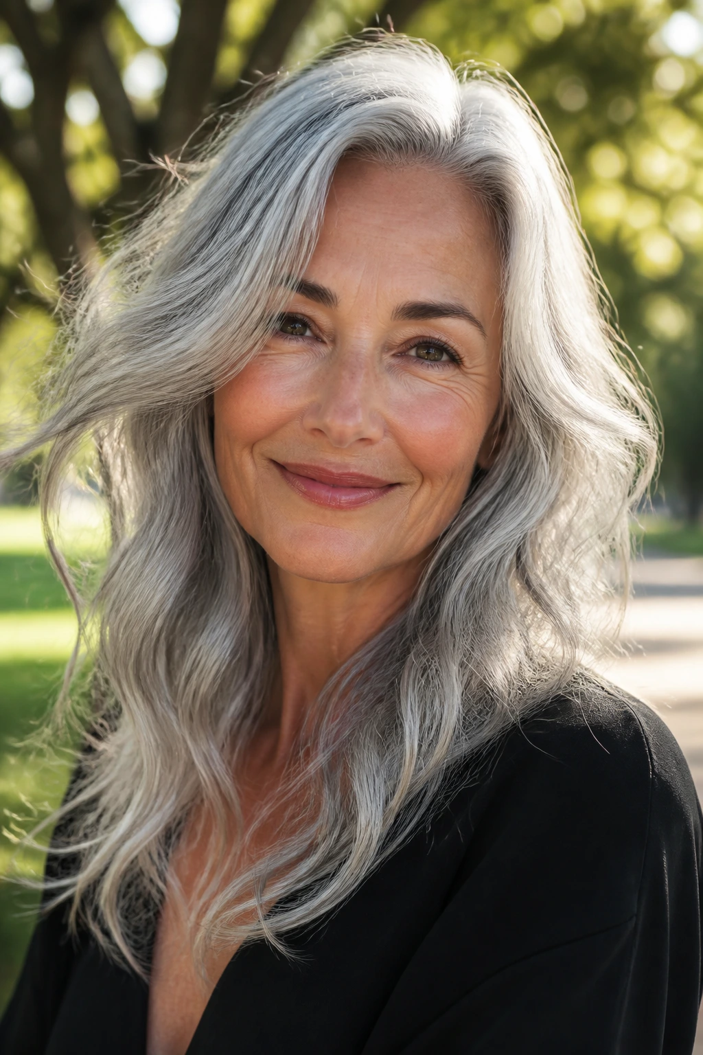 Close-up of a real woman with air-dried silver waves in morning park light