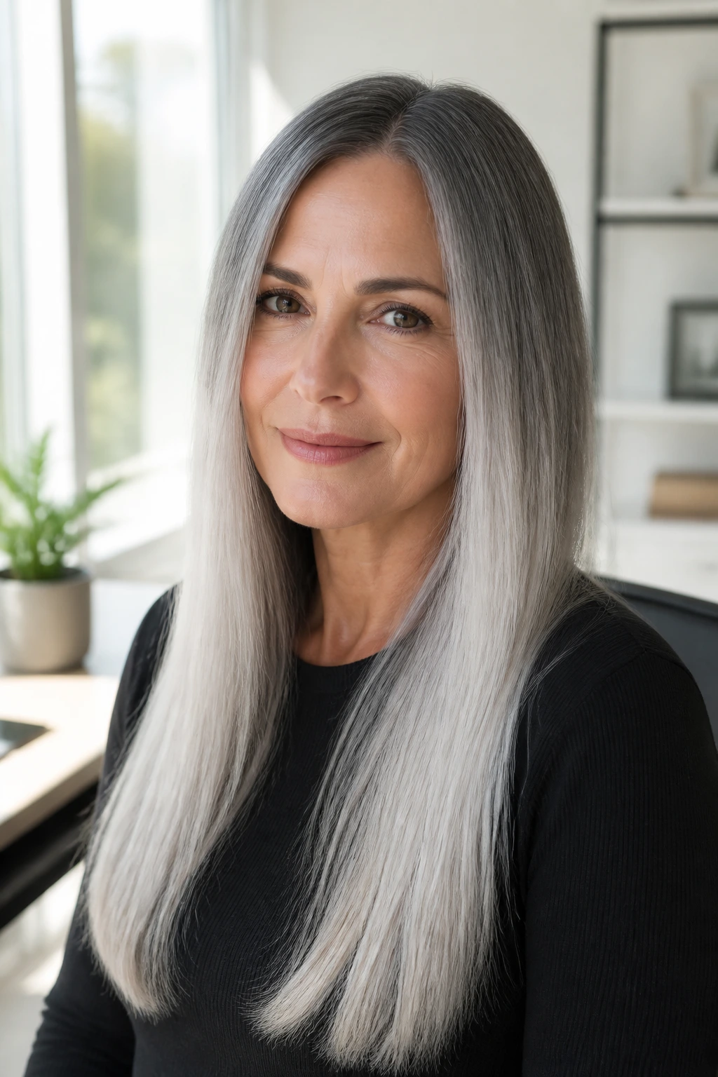Close-up of a real woman with silvery ombré on straight gray hair under natural light