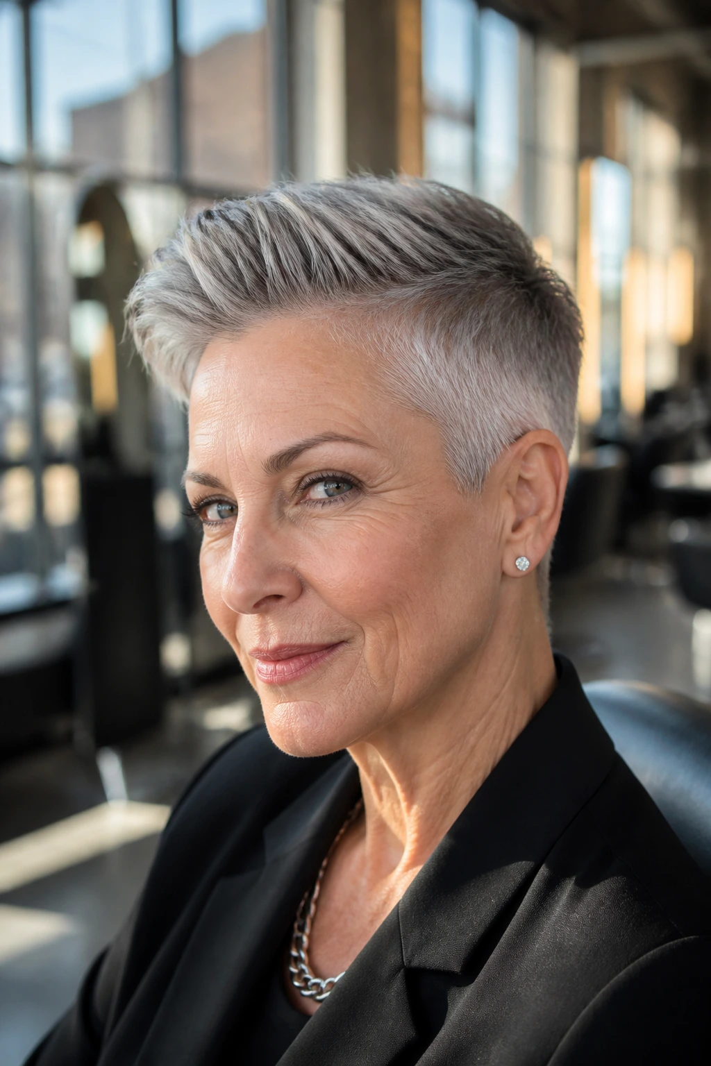 Close-up of a woman with Sleek Tapered Crop in a modern salon, gray hair with sharp sides and longer top.