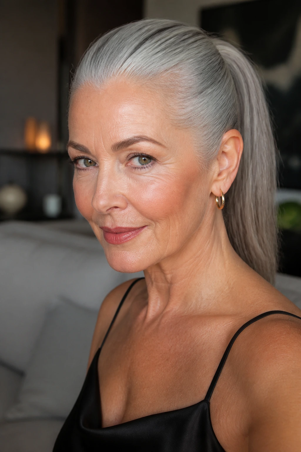 Close-up of a real woman with sleek gray ponytail and polished roots in a modern setting
