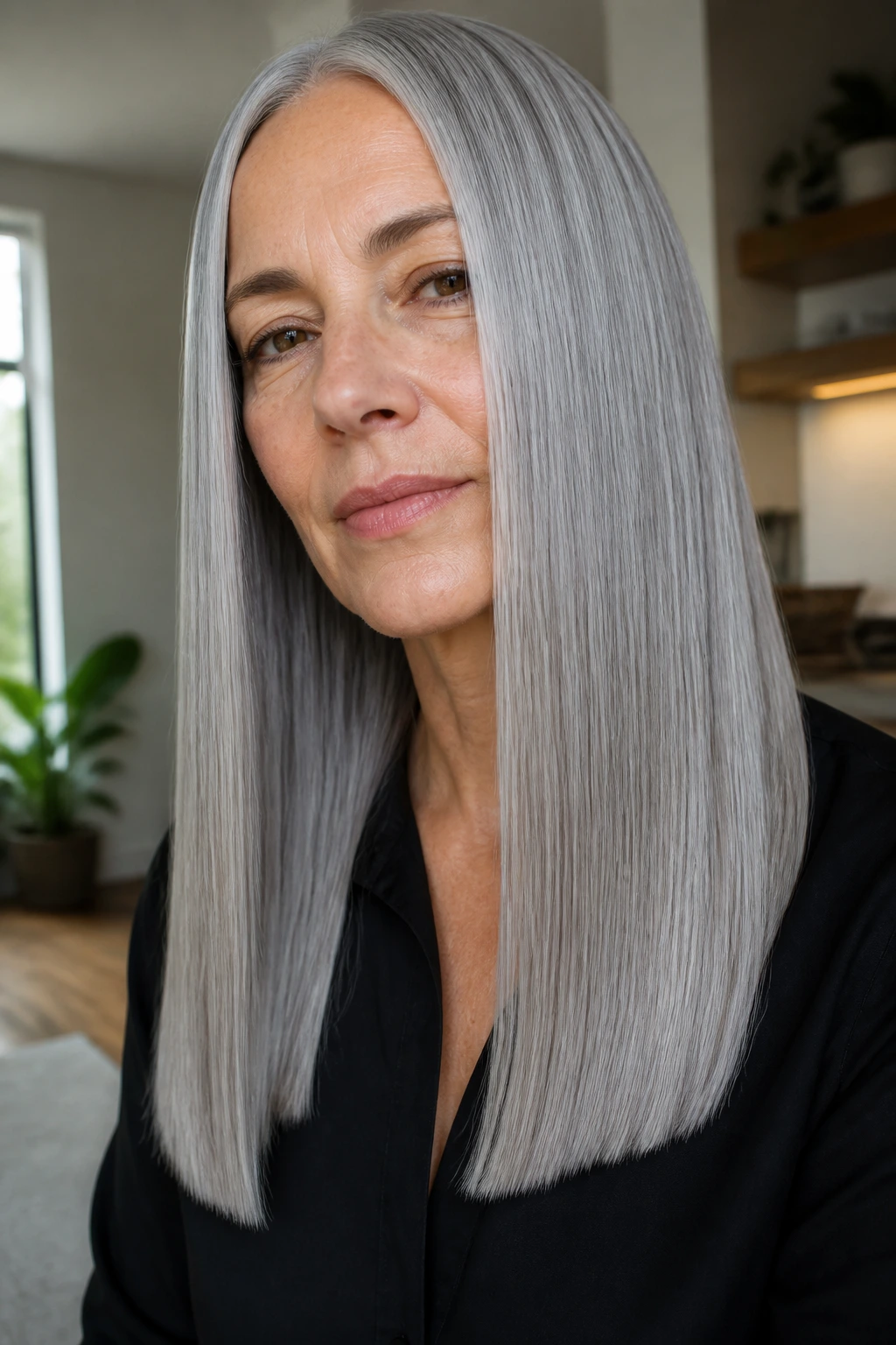 Portrait of a person with ultra-sleek straight gray hair and center part