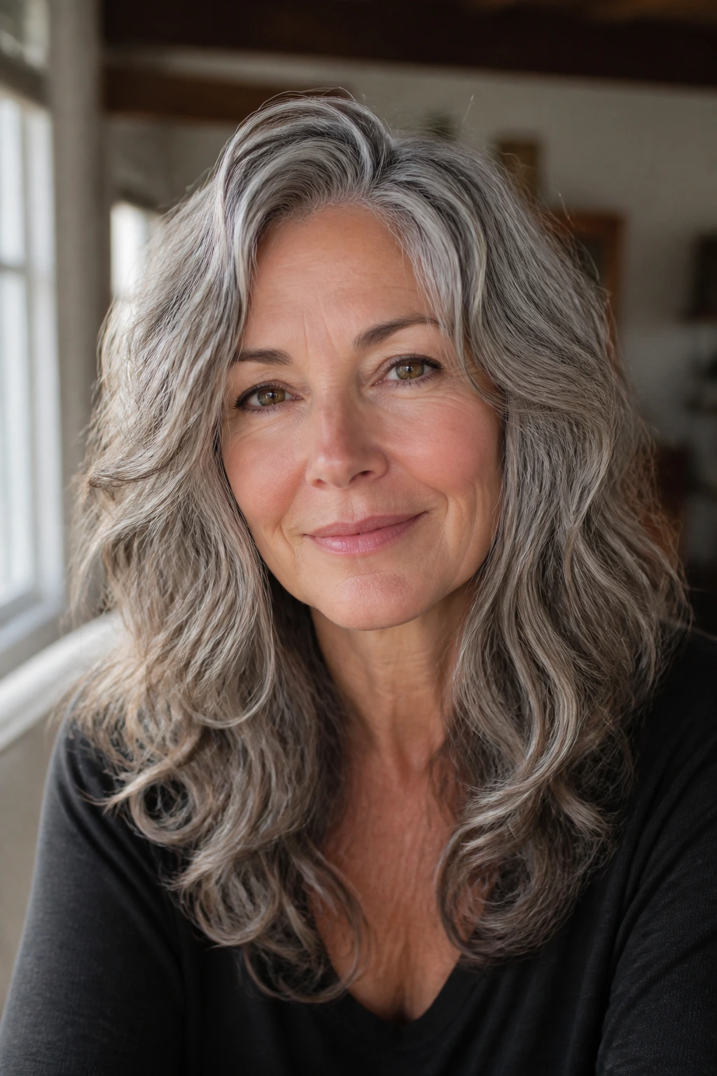 Close-up of gray-haired woman with soft-edged waves and gentle layers