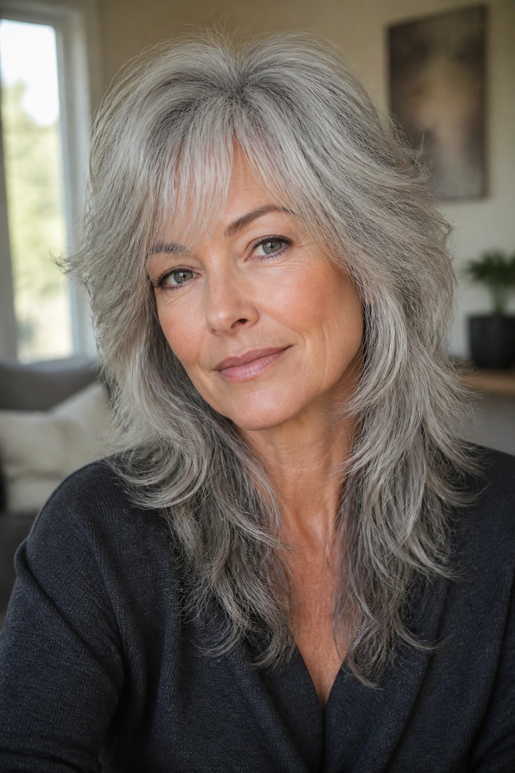 Close-up of a real person with a soft wolf cut on thick gray hair