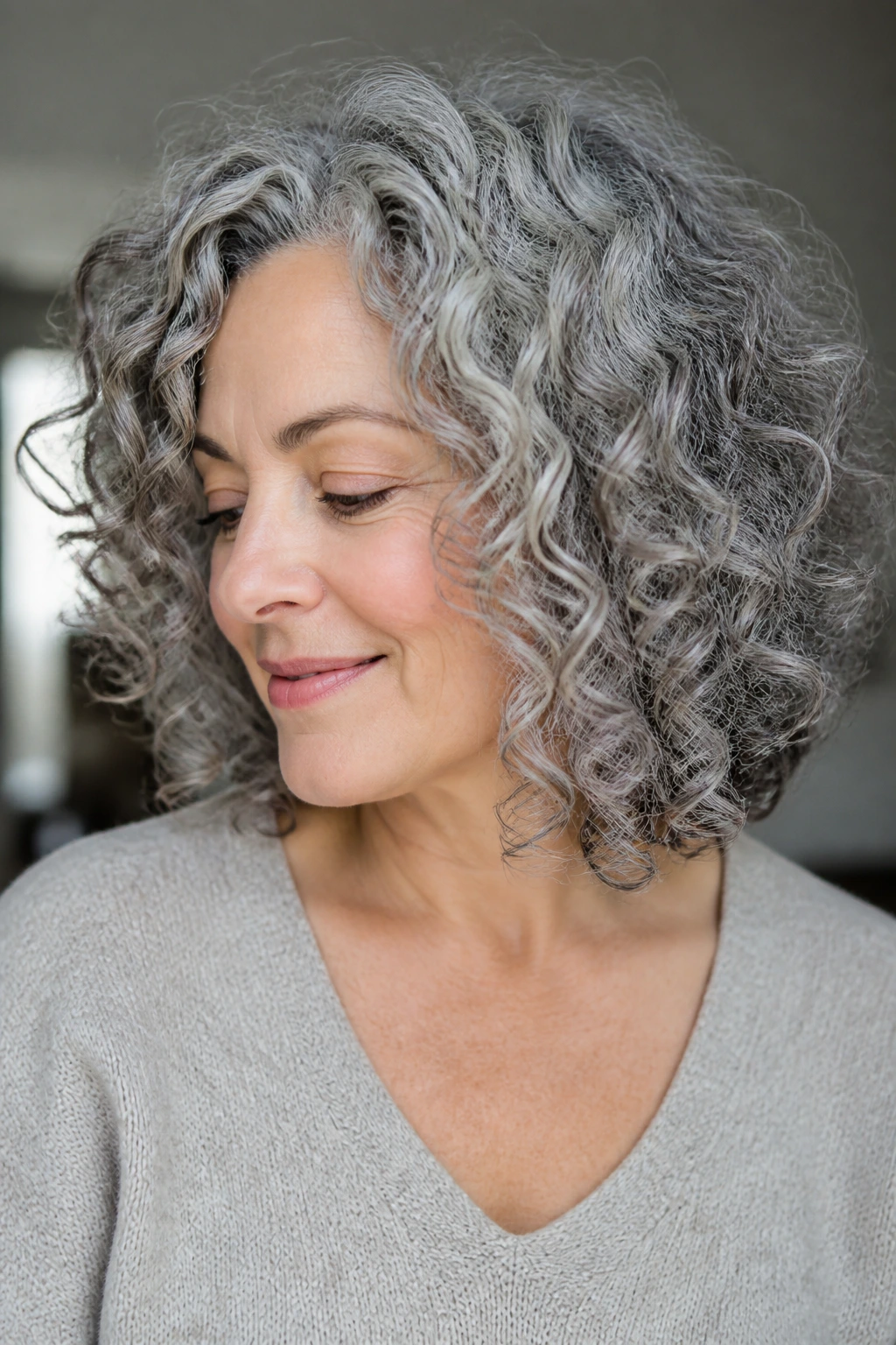 Close-up of a real person with gray spiral curls set with a diffuser.