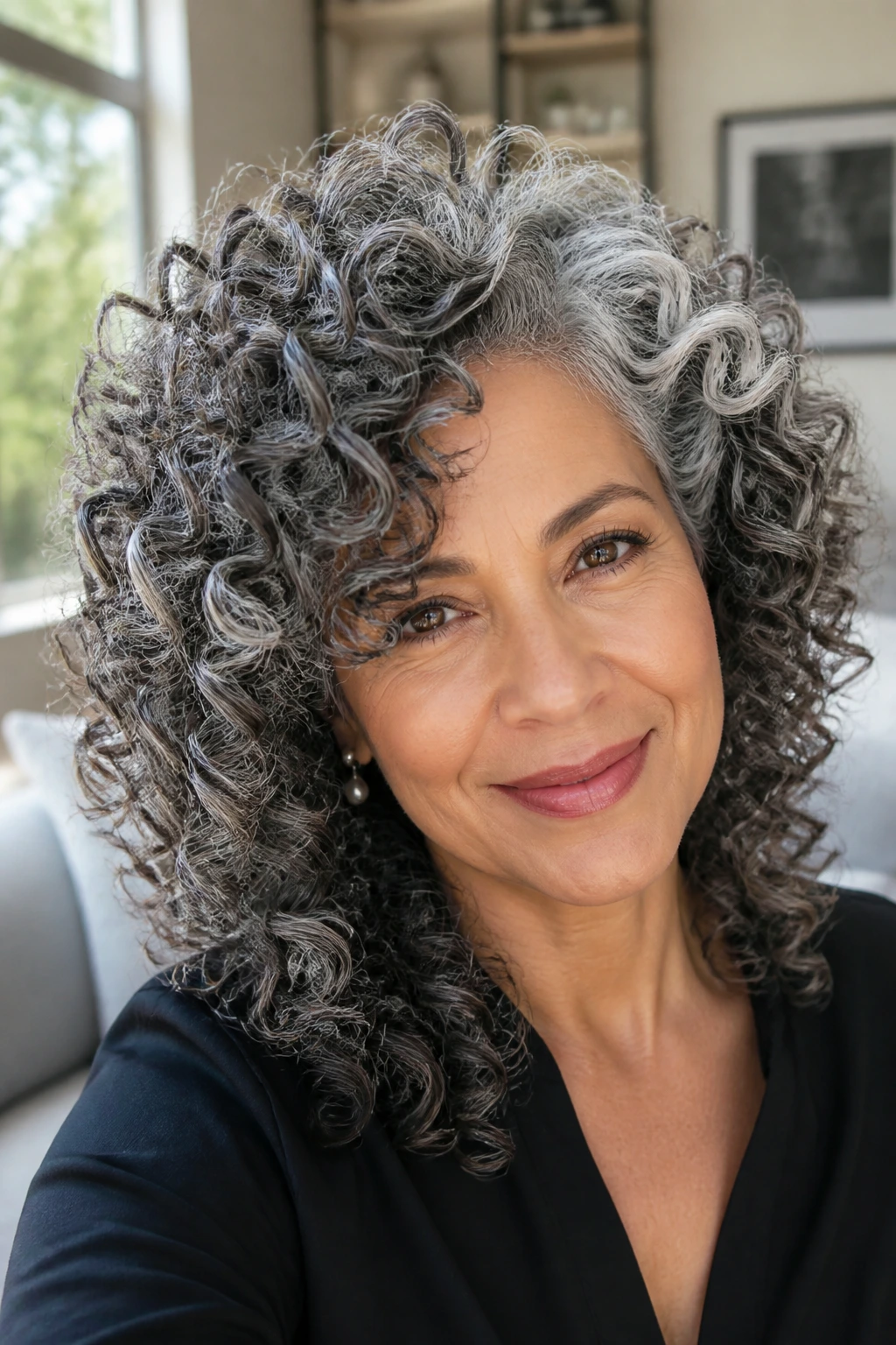 Close-up of a real person with salt-and-pepper spiral curls on thick gray hair