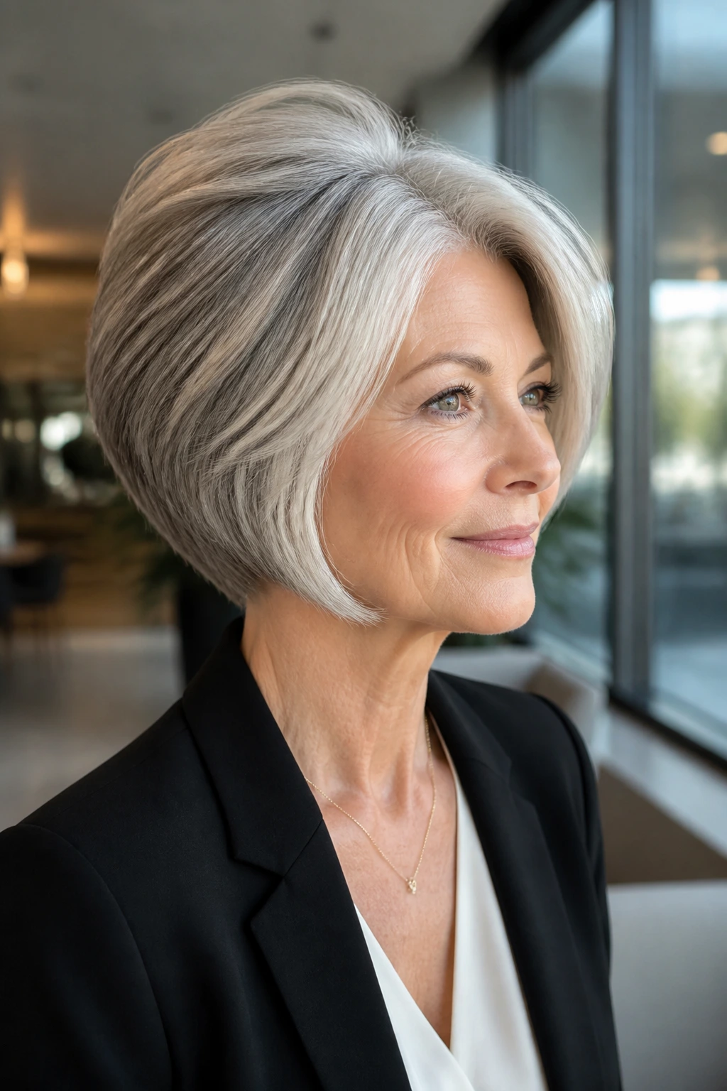 Close-up of a woman with stacked bob showing lift at the crown in a modern office setting.