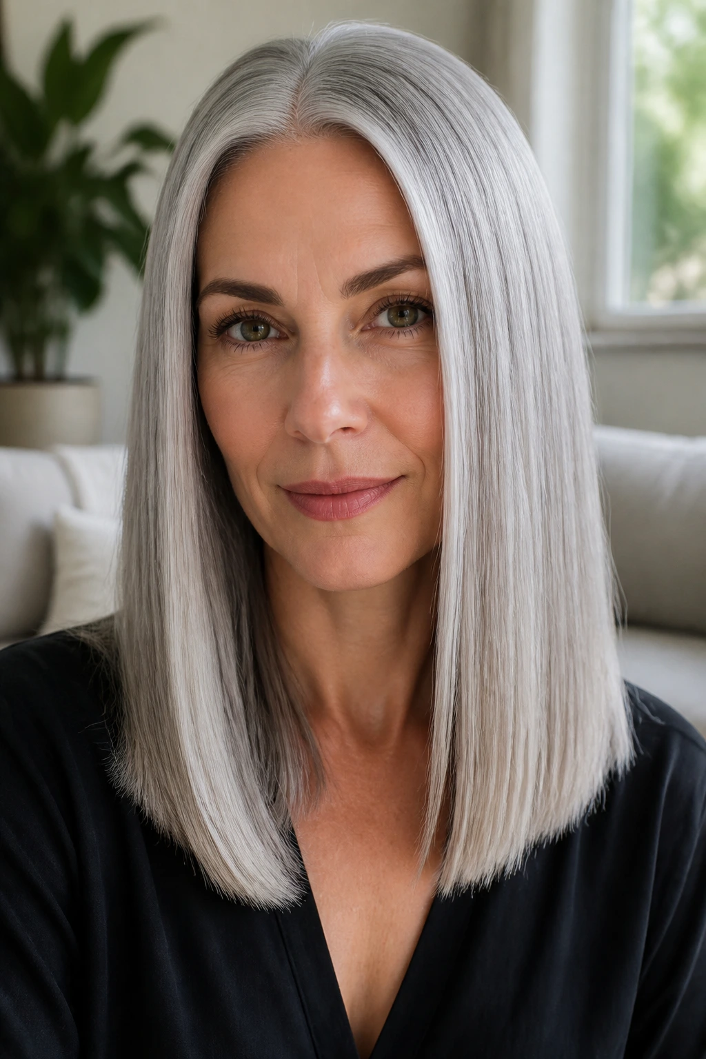 Real person with glass-straight gray mid-length hair, crisp shiny line
