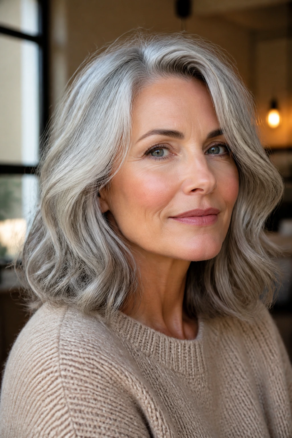 Portrait of a real woman with shoulder-length gray hair styled to reveal tone