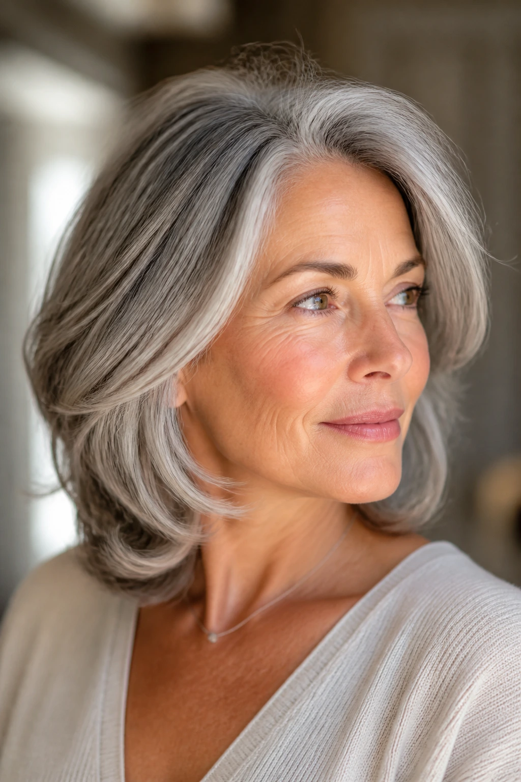 Portrait of a woman with lifted crown gray hair styling