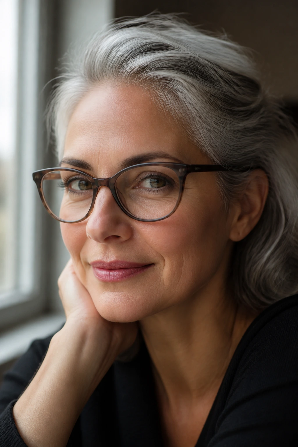 Close-up of gray hair at the temples being shaped away from glasses